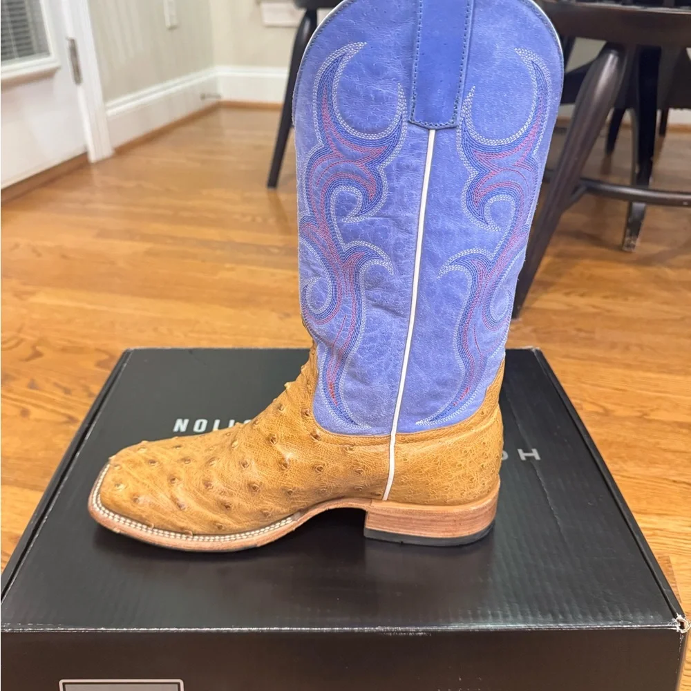 Horsepower Ostrich Men's Western Boots in Tan and Blue. - Picture 3 of 9